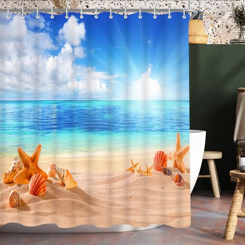 Lerores Duschvorhang 180x200cm Sea Blue, Beschwerter Saum Antischimmel Textil, Wasserabweisend, Waschbar Polyester Badevorhänge mit Ösen und 12 Duschvorhangringe für Badezimmer, Badewanne