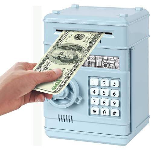 Revanom Electronic Piggy Bank, Mini ATM Password Money Bank Cash Coins Saving Box for Kids, Cartoon Safe Bank Box Perfect Toy Gifts for Boys Girls (Light Blue)