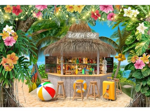 SDOTPMT 2,2x1,5m Sommer Strand Bar Kulisse Tropische Luau Palmen Bunte Blumen Blauer Himmel Meer Fotografie Hintergrund für Ozean Strand Hochzeit Baby Dusche Partei Dekoration Banner Photo Booth