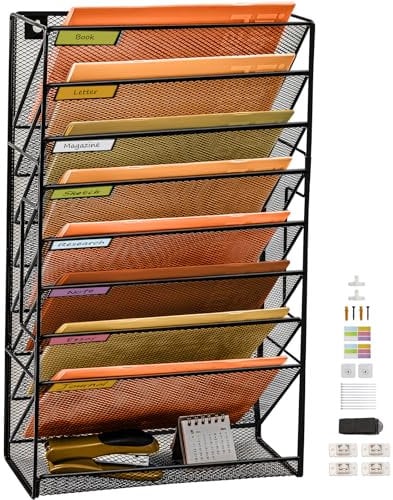 PLSOPPKG Hängeorganizer Wandablagefächer 9 Etagen Wandmontage Schreibtisch Organizer, A4 Zeitschriftenhalter Wand Hängende Wandordner Dokumente Metall Büro Dokument Organizer für Zuhause Großes Gitter