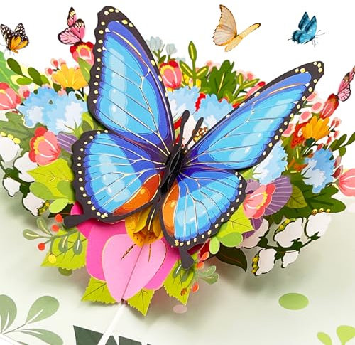 Hierein Pop Up Karte Geburtstag, Blauer Schmetterling und Blumendesign Geburtstagskarte 3D mit Umschlag, Schön und Einzigartig Geburtstagskarte Frau für Mutter Ehefrau Freundin Schwester Tochter