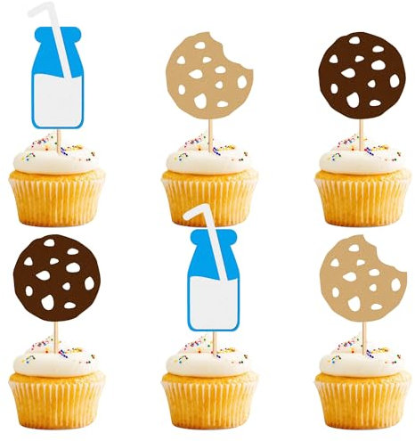 Ercadio 24PCS Cookies Cupcake Toppers Milk Cookie Cupake Picks for Breakfast Theme Baby Shower Kids Birthday Party Cake Decoration Supplies