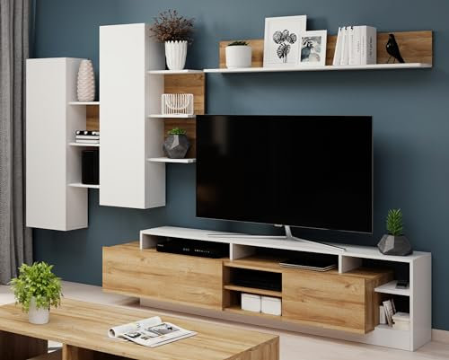 ARREDO DA CASA Parete Attrezzata Soggiorno Moderna con Pensile Sospeso 1 Mensola Mobile Porta TV Arredamento Bianco e Rovere PALK1