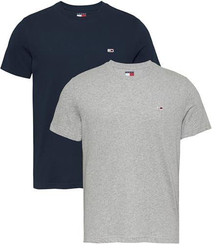 Tommy Jeans Men’s 2 Pack Extra Slim Cotton Jersey Short Sleeve T-Shirts, Multicolor (Grey HTR/Dark Night Navy), 2XL