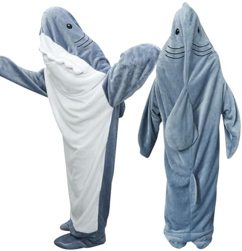 Deserthome Hai-Decke mit Kapuze, Einteiler, tragbar, Hai-Decke, Schlafsack, Blau, 3XL for 71-75in Height