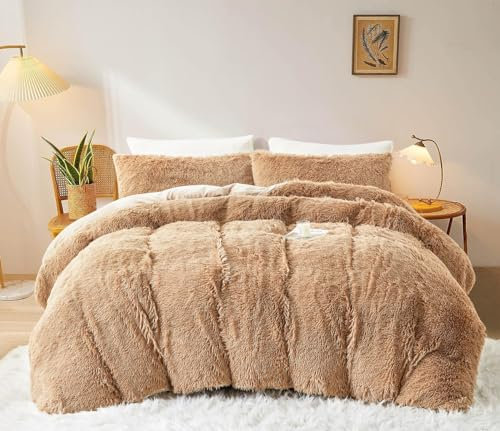 Lanqinglv Peluche - Copripiumino 220 x 240 cm, colore: beige cachi in flanella, invernale, caldo, trapuntato, set da letto per 2 persone, con chiusura + 2 federe 65 x 65 cm