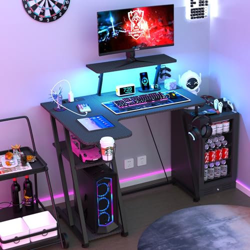 EXSELTMAN Bureau Gaming LED en Forme de L, Bureau Gamer LED avec Rangement, Table imformatique avec Port de Charge USB et Prise de Courant 100 * 80 * 78 cm, pour Jouer, Travailler, Noir