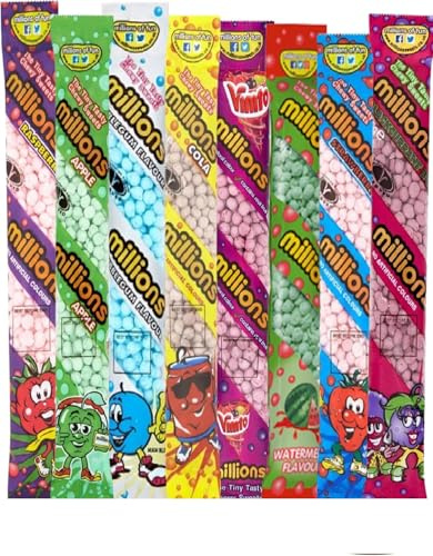 Kids Ultimate Millions Sweets Selection Hamper– Juicy Flavours - Bubblegum, Apple, Cola, Strawberry, Vmto, Raspberry, Blackcurrant, Iron-Brew 12 Pcs (Raspberry)