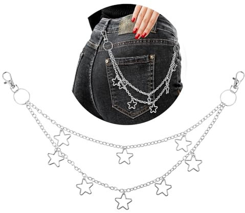 Stern Hosenkette Herren,Ymapinc Metall Jeanskette Punk Hosenkette Jean Chain Star Wallet Chain Dual Layer Jeans Kette Stern Hosen Ketten Silber Taschenkette für Männer Frauen Hip Hop Style