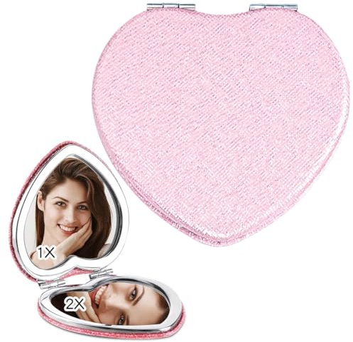 1 pièce de miroir de poche portable en PU, 72mm miroir pliant compact pour sac à main, voyage, maquillage (cœur rose)