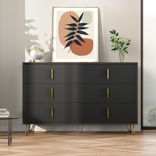 Wyibwy Aparador de cocina con 6 cajones y amplio espacio de almacenamiento, cajonera con asas doradas, buffet simple, aparador salón, para cocina, comedor, salón, 120 x 40 x 77 cm, negro