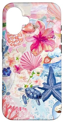 European Summer Preppy Collage Hibiscus And Turtle Case for iPhone 16