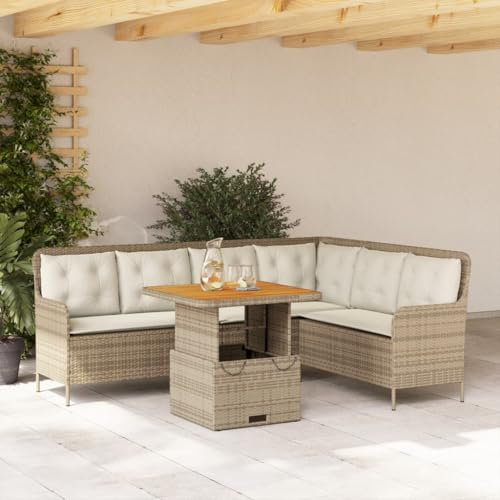 IKAYAA Polyrattan Lounge mit Verstellbare Esstisch 80 x 80 x 40/71 cm, Gartenlounge, Garten Sitzgruppe, Ecklounge, Ecksofa Lounge Möbel, Rattan Gartenmöbel Set inkl.Kissen - Beige, Cremeweiß