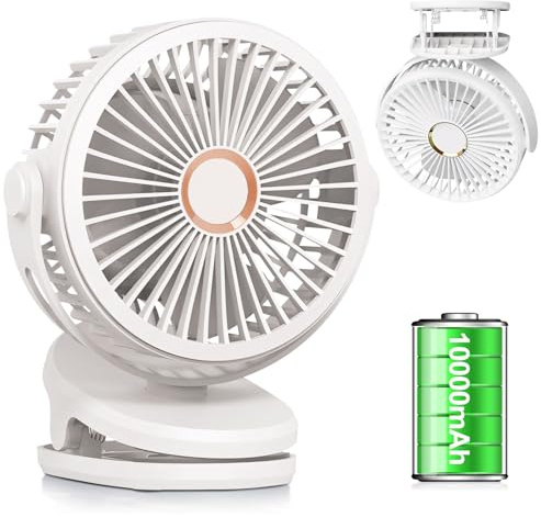 Ventilator Klein mit Clip, 10000mAh USB Ventilator Leise, 360° Drehung Tragbarer Mini Ventilator, 4 Geschwindigkeitsstufen Oszillierender Ventilator für Outdoor Camping Kinderwagen Haus (Weiß B)