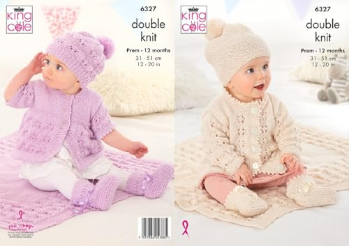 King Cole Babies Knitting Pattern Double Knit Baby Coat Cardigan Hats Shoes & Blanket (6327)