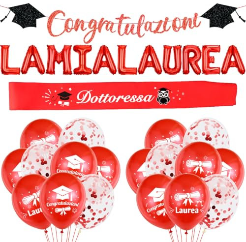 Addobbi Laurea 2025,Congratulazioni Striscione+Palloncini in Foil LA MIA LAUREA+Fascia Laureato+Palloncini Laureato Rossa,Laurea Decorazioni Festa,Diplomato Gadeget Addobbi