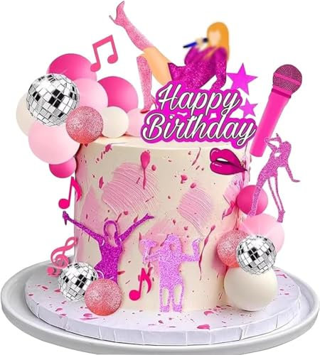 Selloria Singer Birthday Decorations Pink Cake Decoration with Music Superstar 26PCS Happy Birthday Cake Topper and Disco Cupcake Decor for Lover's Concert Theme Party Supplies Music Fans Girls