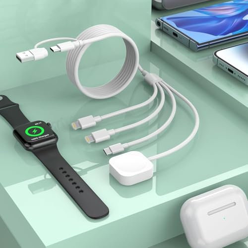 4-in-2 Travel Multi Charger Cable, 3 M/10FT Extra Long USB A/C Charging Cable with iWatch Charger+IP*2+Type C Port for Apple Watch Series 9/8/Ultra/7/6/5/SE/iPhone 16/15/14/13/12/Samsung/iPad, White