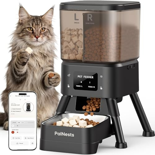 PalNests 4L Comedero Gato Automatico con Doble Tolva, 5G/2.4G WiFi Inteligente Dispensador Comida Gatos Automático, Control de App, 1-10 Comidas al Día, Alimentación Lenta, Cubeta de Acero Inoxidable