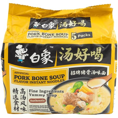 Baixiang Pork Bone Soup Flavor Instant Noodles 5 Pack (111g Each) – Rich & Creamy Soup Flavorful Pork Bone Noodles for Quick Instant Meals & Snacks - Authentic Asian Ramen Noodle