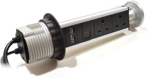 POP UP 2 WAY UK Plugs 2 USB Ports 1 RJ45 for Desktop or Kitchen top with Waterproof Cover, The Push down and Pull up Multifunction PDU Socket has a 1.8m Extension cord Lead with Chrome lid
