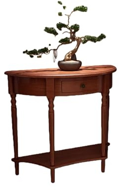Console Demi Lune Bois Massif avec Tiroir Table Console Demi Cercle pour Entrée, Console Étroite Gain de Place pour Salon, Couloir, Derrière Canapé, Style Classique Élégant(Walnut-d,35.4*15*34.4in)
