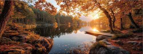 artissimo Bild aus Glas 80x30 cm Landschaft AG5757A – Herbst See Wald Natur Panorama Sonnenuntergang, modernes Wandbild Querformat, Wanddeko modern