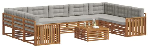 vidaXL Sofagarnituren 10 pcs Natürlich und Hellgrau Massivholz Akazie, Moderner Garten-Sofa, Outdoor-Sitzgruppe, Lounge-Set für die Terrasse, bequem und robust
