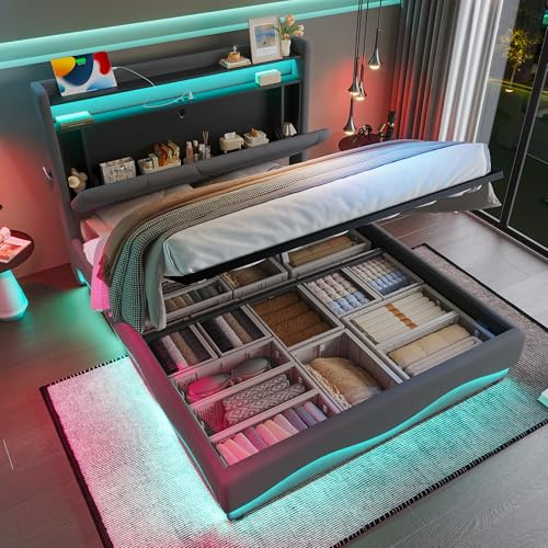 luckdect Lit Coffre 160x200 avec LED et Ports USB, Lit Double avec Rangement Hydraulique, Sommier à Lattes, Tête de Lit Capitonnée avec Étagères et Compartiments Cachés (sans Matelas)