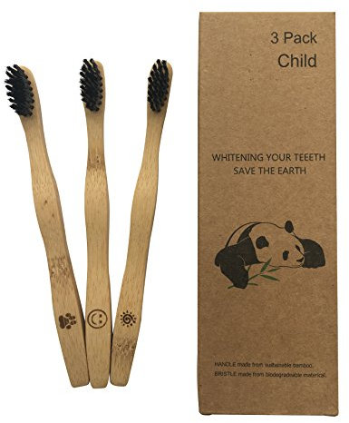 Set da 3 spazzolini da denti in bambù, con manico in legno di bambù e setole morbide al carbone attivo di bambù, 100% riciclabile, ecologico