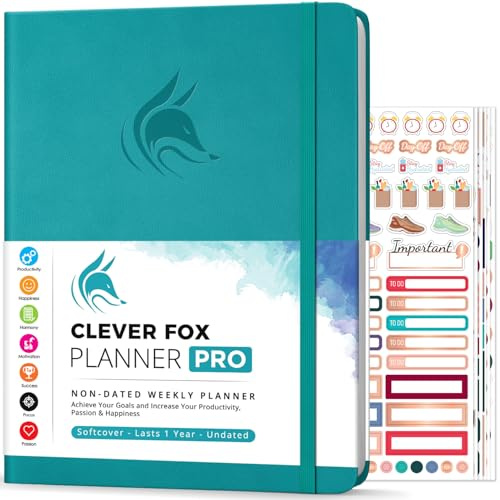 Clever Fox Planner PRO, Undated Weekly Planner, 21.5x28cm Turquoise | Large monthly & weekly life planner, undated layout, habit tracker, goal setting, to-do list, 120gsm paper, lay-flat binding