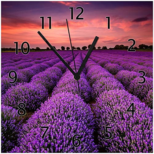 Wallario Design-Wanduhr Lavendelfeld unter rotem Himmel aus Glas, Motiv-Uhr Größe 30 x 30 cm, Schwarze Zeiger