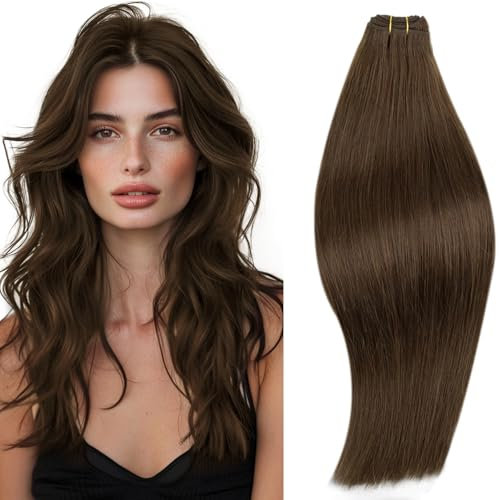RUNATURE Echthaar Tressen Zum Einnähen Braun 35cm Kurz Menschliches Haar Tressen Echthaar Braun Glatt Extensions Echthaar Tressen Braun Haarverlängerung 100g #4