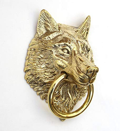 Türklopfer aus massivem Messing, Wolfskopf, 16 cm