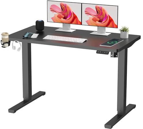 SANODESK QS+110 * 60 Electric Standing Desk ONE PIECE Height Adjustable Standing Desk With Memory Smart Panel Sit Stand Table With Hooks and Cupholder for Home Office (Black Frame+ Black Desktop)