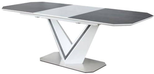 Casa Padrino Designer Esstisch Weiß/Grau/Silber 160-220 x 90 x H. 76 cm - Ausziehbarer Esszimmertisch mit Keramikplatten - Esszimmer Möbel
