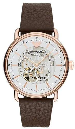 Emporio Armani Herrenuhr , Automatikuhrwerk, 43mm Rose Gold Edelstahlgehäuse mit Lederarmband, AR60027