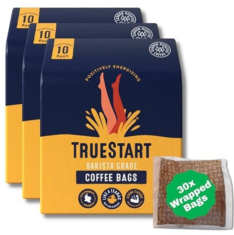 TrueStart Coffee Bags, Smooth Energising Colombian Arabica – 30 Wrapped Bags Mycotoxin-Free Coffee Rich in Antioxidants, Quick Brew, Individually Wrapped & Gluten Free