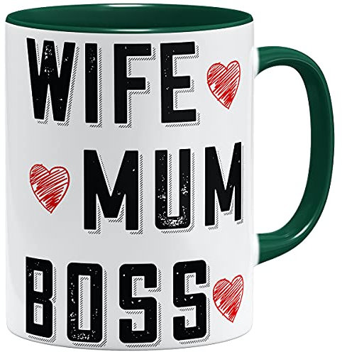 OM3® Wife Mum Boss Statement Tasse mit Spruch I | Keramik Becher | 11oz 325ml | Beidseitig Bedruckt | Grün