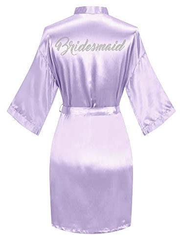 Women's Satin Bridal Robe with Rhinestones Short Kimono Bride Bridesmaid Bathrobe Wedding Dressing Gown, Light Purple