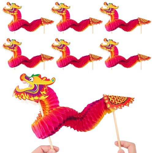 Syhood 6 Packs Marionnettes en Papier de Dragon Chinois Marionnette de Dragon Artisanat Art de Décoration du Nouvel an Chinois Fait à Main pour Cadeau Bricolage Décor de Maison(Style Vif)