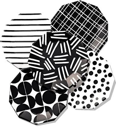 Coterie Black and White Large Paper Plates (Set of 10) - For Summer Party, Dinner Party, Birthday Party - Black and White Stripe, Polka Dot Party Plates | 9.25” Modern Paper Plates | 2 of each design