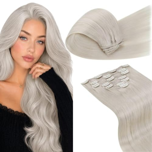 LaaVoo Clip Extensions Echthaar Blond 120g Echthaar Clip in Extensions Remy Haarverlängerung Echthaar Platinblond #60 Doppelt Tressen 7PCS Voller Kopf 35cm #60