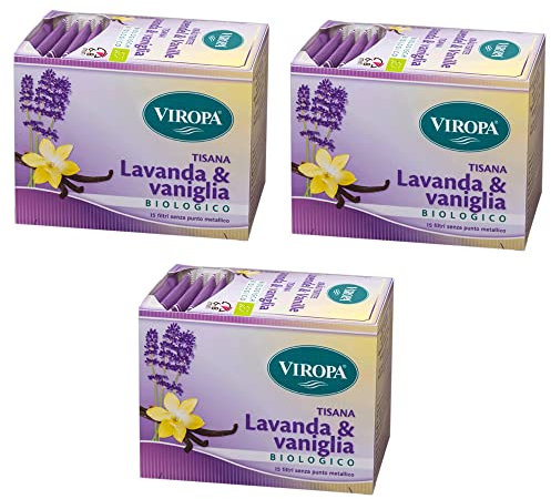 3x Viropa - tisana LAVANDA e VANIGLIA - 15 filtri - Confezione da 3 x 15 filtri - Tisane ed infusi in filtro, Senza glutine e Lattosio e Veg + in OMAGGIO 2 Tisane Funzionali Viropa
