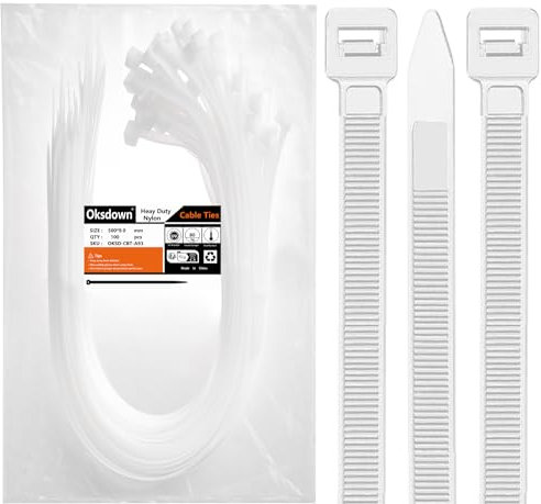 Oksdown 100 Pack White Thick Cable Ties Heavy Duty Large 500mm×9.0mm Strong Nylon Plastic Self Locking 20 inch/50 cm Extra Long Clear Zip Tie Wraps