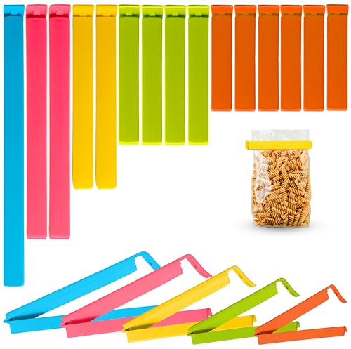 Pack of 16 - Sturdy Food Bag Clips for Sealing all sort of Unfinished Food bags - 5 Assorted Sizes & Colors - Keep Food Packets Tightly Sealed, Fresh, Air & moisture-proof (Presented in Ziplock Bag)