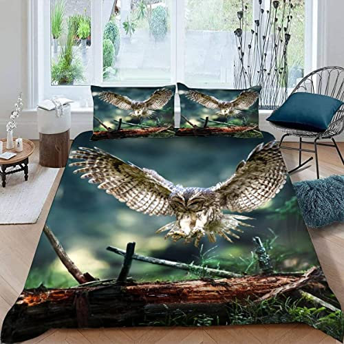 Lolosale Bettwäsche 155x220 Eule Bettbezug 155x220 mit ReißVerschluss 3D Motiv Dunkler Wald Bettwäsche Set Sommer Weiche Mikrofaser Jungen Mädchen Bettbezüge mit 2 Kissenbezug 80x80 cm