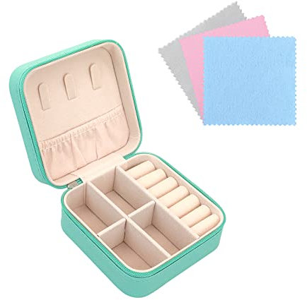 FuninCrea Schmuckkästchen Reise mit Schloss, Kleine Schmuckschatulle für Damen, Tragbarer Reise Schmuckbox mit 3 Stücke Silber Tuch, Einzelschicht Mini Reiseschmuckaufbewahrung für Schmuck