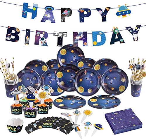 89Pcs Outer Space Themed Birthday Party Decoration Kit Galaxy Planet Theme Happy Birthday Banner/Plates/Napkins/Cups/Straws/ Cupcake Toppers Wrappers Set Universe Astronaut Party Supplies