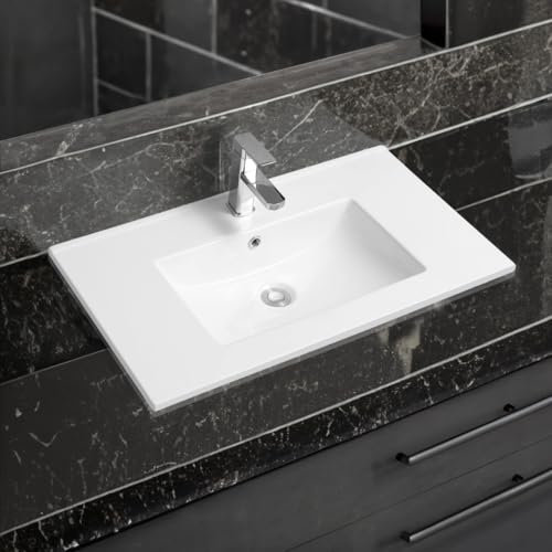 Limoge 4001A Ceramic 76cm Thin-Edge Inset Bathroom Basin with Scooped Bowl - Modern Drop-in Self-Rimming Top-Mount Rectangular Sink for Vanity or Countertop Installation